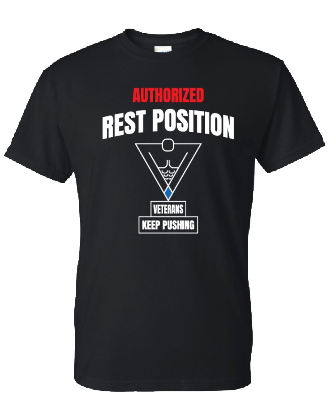 black-tshirt-front A black t-shirt with the words " authorized rest position " written on it.